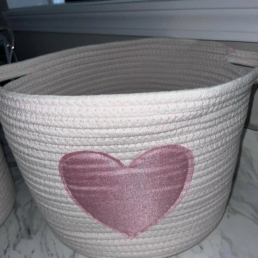 Set of 2 Decorative Coiled Rope Baskets with Heart Design - Picture 3 of 4